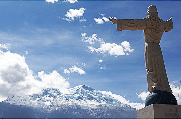 Statue of Christ on the site of the former town of Yungai, which completely perished in 1975 under a mudflow from Mount Huascaran