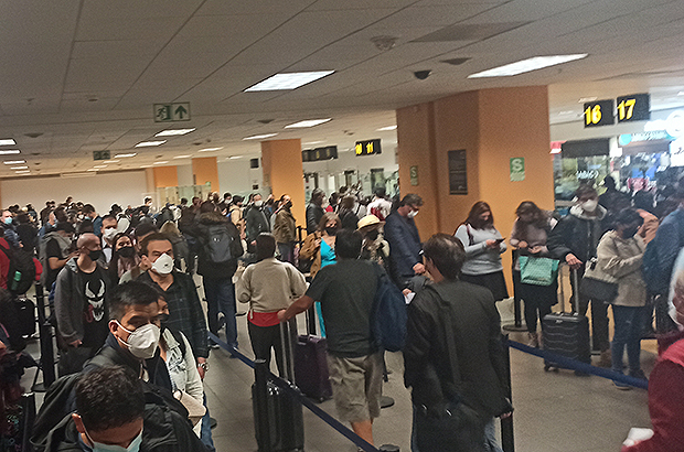 At the Lima International Airport. Passport control