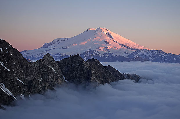 Sunrise on Mount Elbrus, view from the Ushba plateau