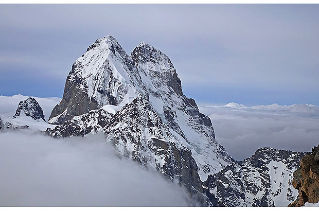 The summit of Mount Ushba, a classic of technical mountaineering