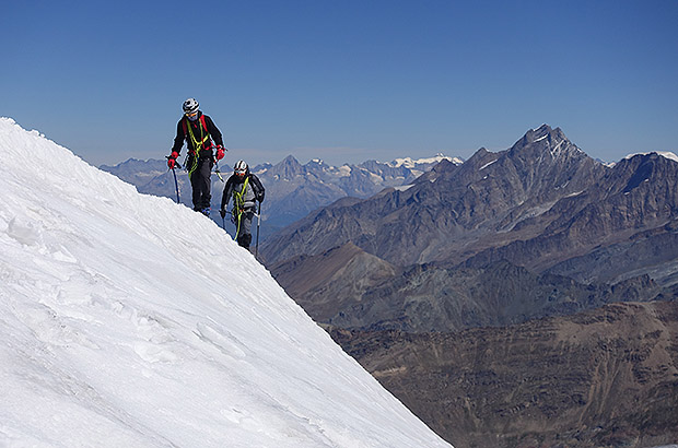 Alps, Switzerland, Monte Rosa Massif. Medium difficulty alpine climbs require the use of a full set of mountain climbing equipment.