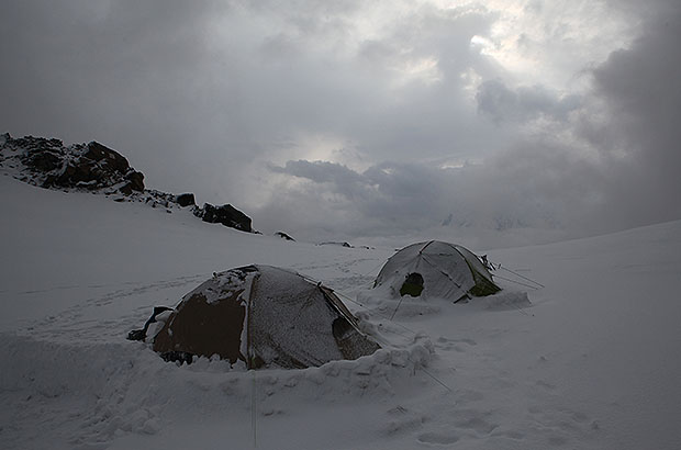 Chilly morning after bad weather - the upper camp during the ascent to Mount Shkhara by the Crab route