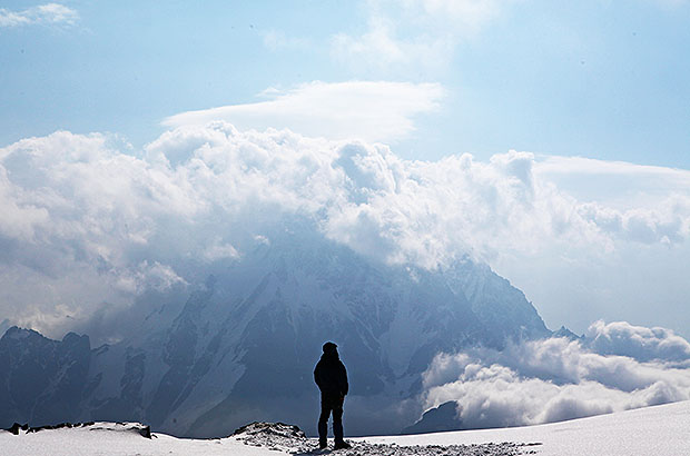 Enjoying the view of Mount Dykh Tau from the heights of Bezengi wall