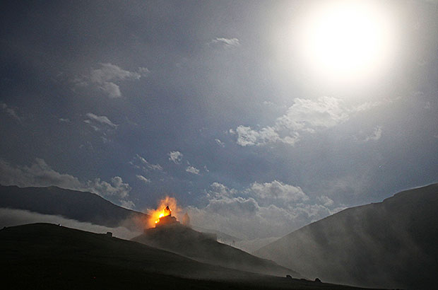 Night romance of climbing Mount Kazbek - fog and moon on the Gergeti plateau