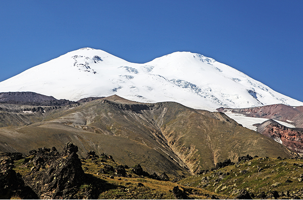 View of the North side of Mount Elbrus from the start of the route along the northern slope