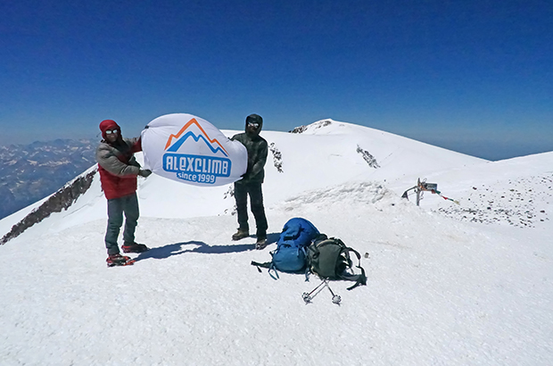 On the East summit of Mount Elbrus after climbing along the East route