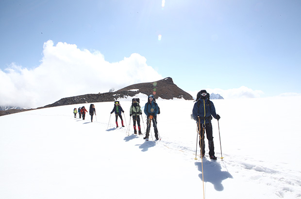 On the East route of Mount Elbrus, crossing a glacier