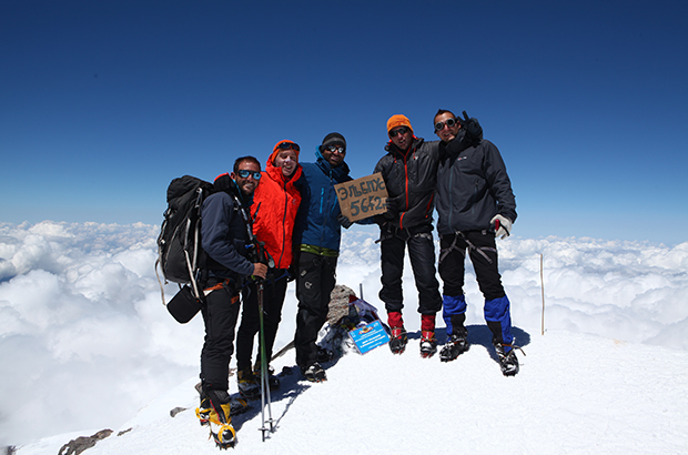 At the summit of Mount Elbrus after climbing the West route