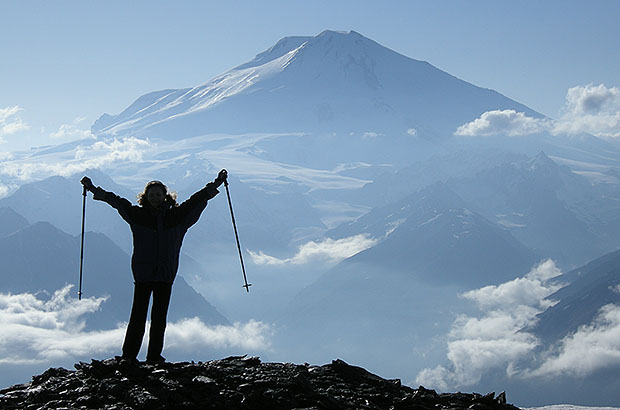 Mount Elbrus view from the acclimatization summit Kurmychi